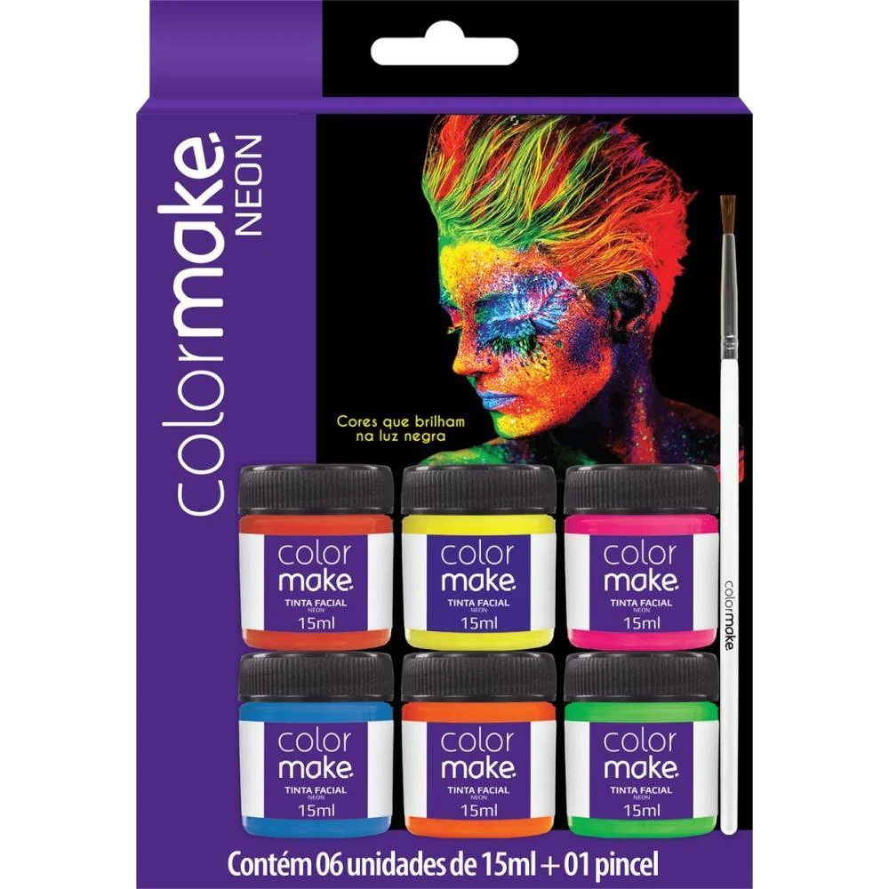 Pintura Facial Liquida 6 Cores Fluor+Pincel Colormake (Kit) - imagem 3