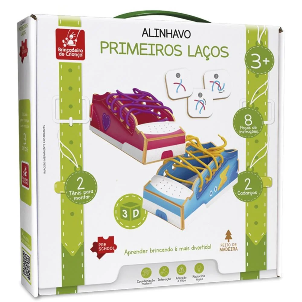 Brinquedo Pedagogico Madeira Alinhavo Primeiros Lacos 3D 8P Brinc. De Crianca - imagem 4