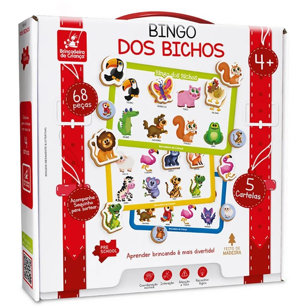 Jogo De Bingo Pre School Bichos Madeira 68Pc Brinc. De Crianca - imagem 4