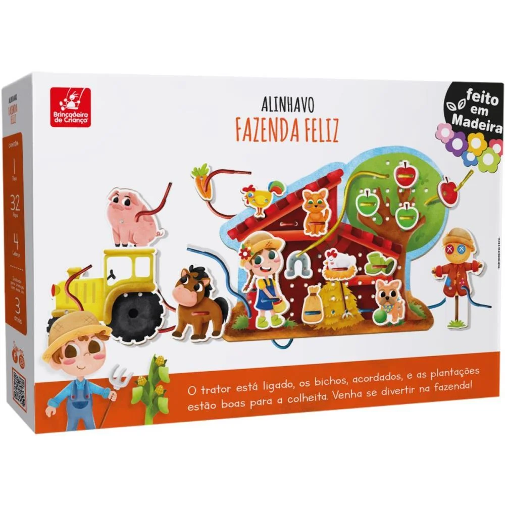 Brinquedo Pedagogico Madeira Alinhavo Fazendinha Feliz 32Pc Brinc. De Crianca - imagem 4