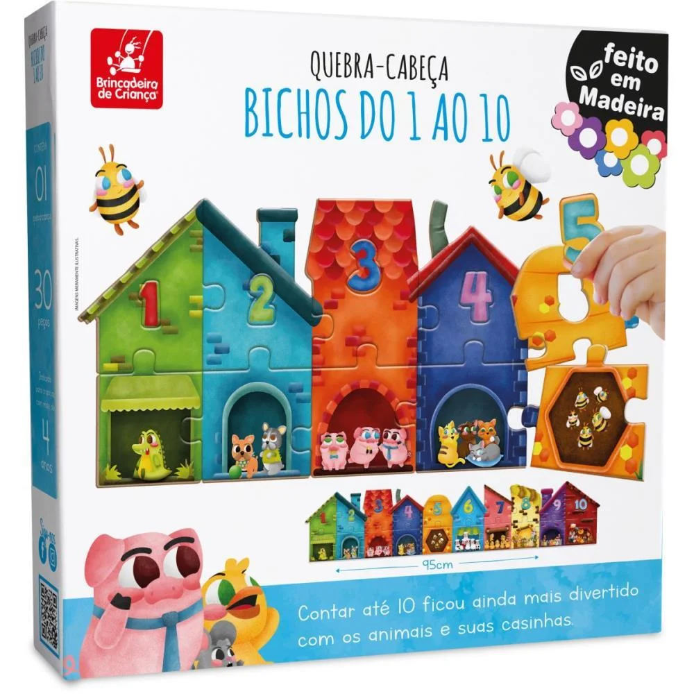 Quebra-Cabeca Madeira Bichos Do 1 Ao 10 30Pcs Brinc. De Crianca - imagem 4