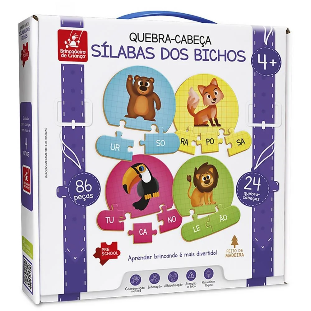 Quebra-Cabeca Madeira Silabas Dos Bichos 86Pcs Brinc. De Crianca - imagem 4
