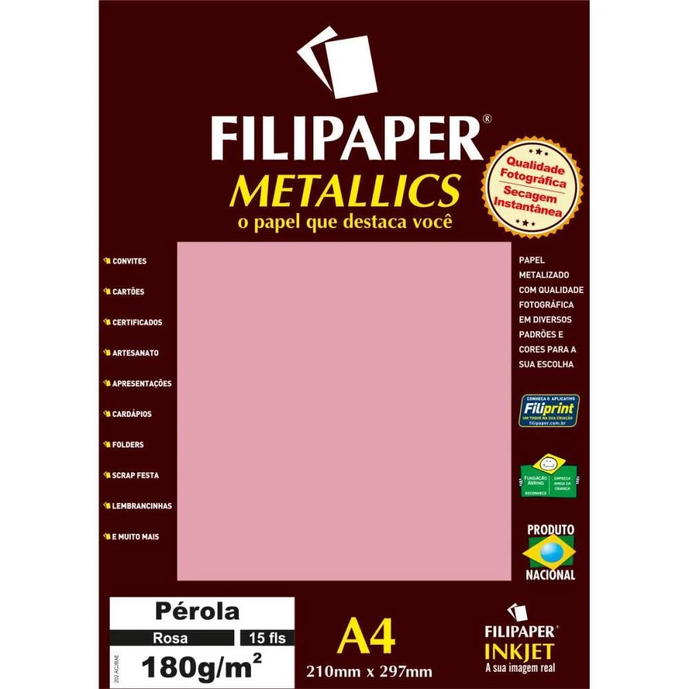 Papel A4 Metalico Perola Rosa 180Gr. Filiperson (Pct.c/15) - imagem 3