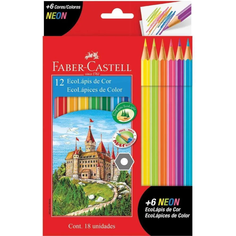 Lapis De Cor Sextavado Ecolapis 12Cores +6Cores Neon Faber-Castell (Pct.c/12) - imagem 2