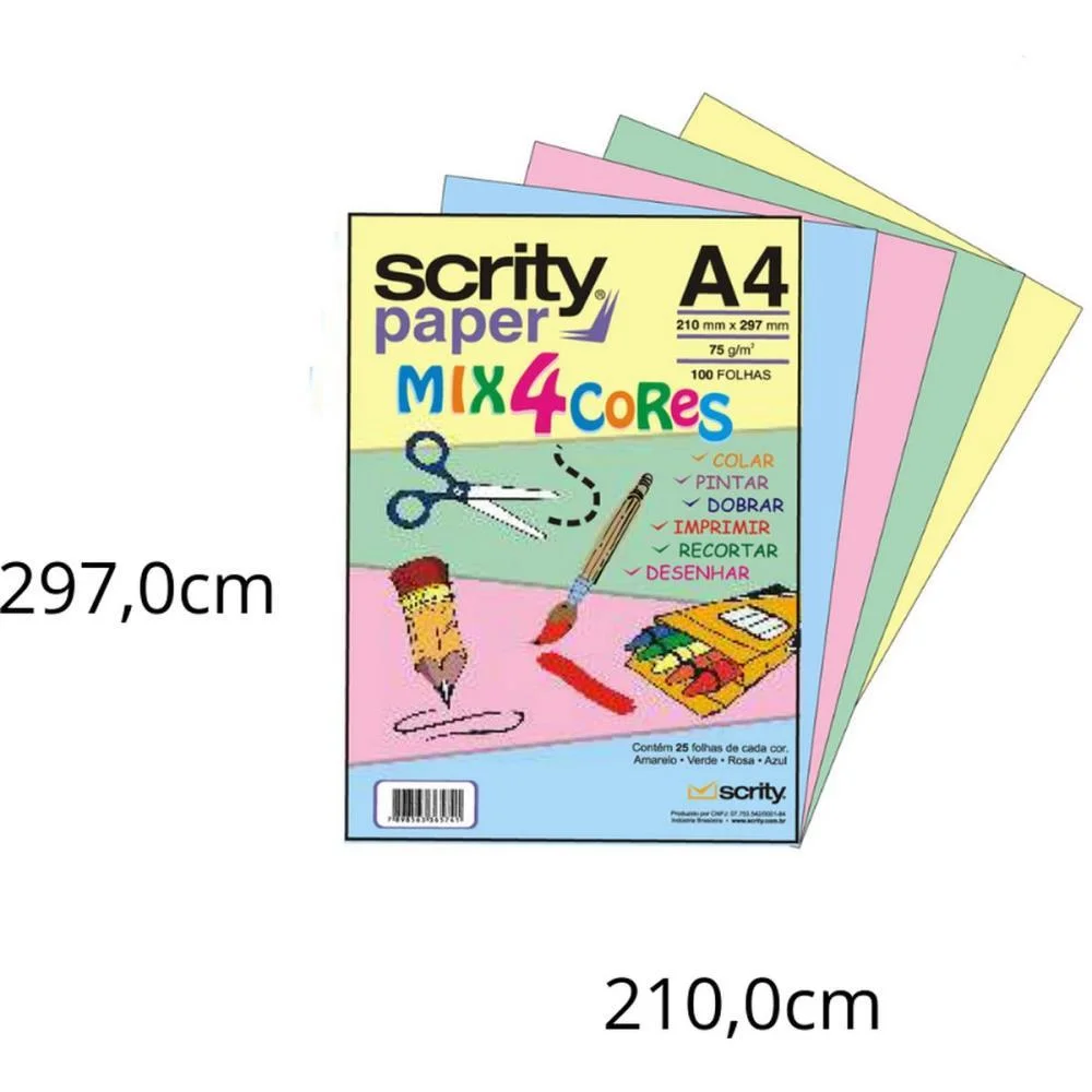 Papel Sulfite A4 Colorido Mix 4 Cores 75G. 100Fls. Scrity (Pacote) - imagem 3