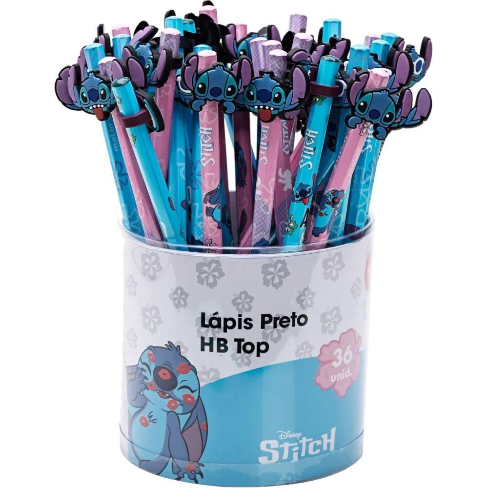 Lapis Preto Redondo Decorado Stitch Top Hb C/Borracha Molin (Pote-36) - imagem 2