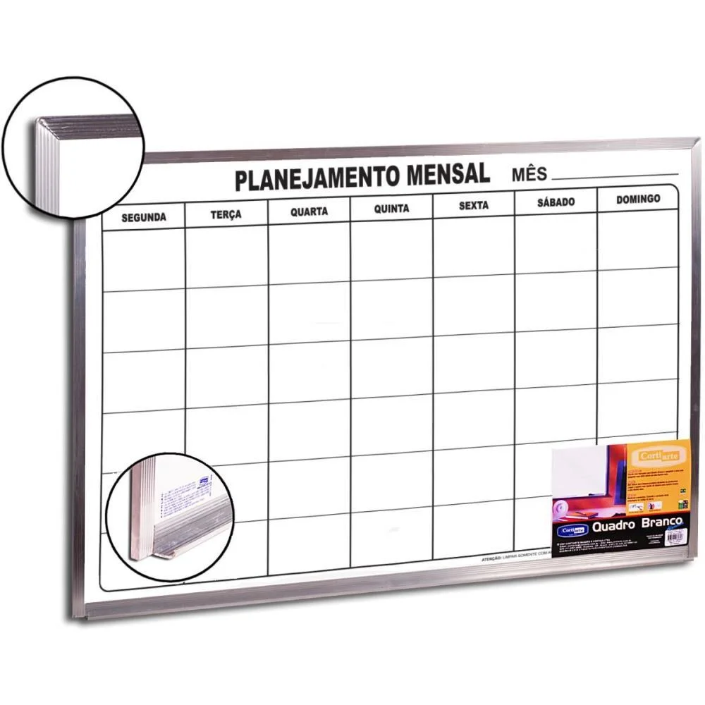 Quadro Branco Moldura Aluminio 090X060Cm Planejamento Mensal Cortiarte - imagem 3