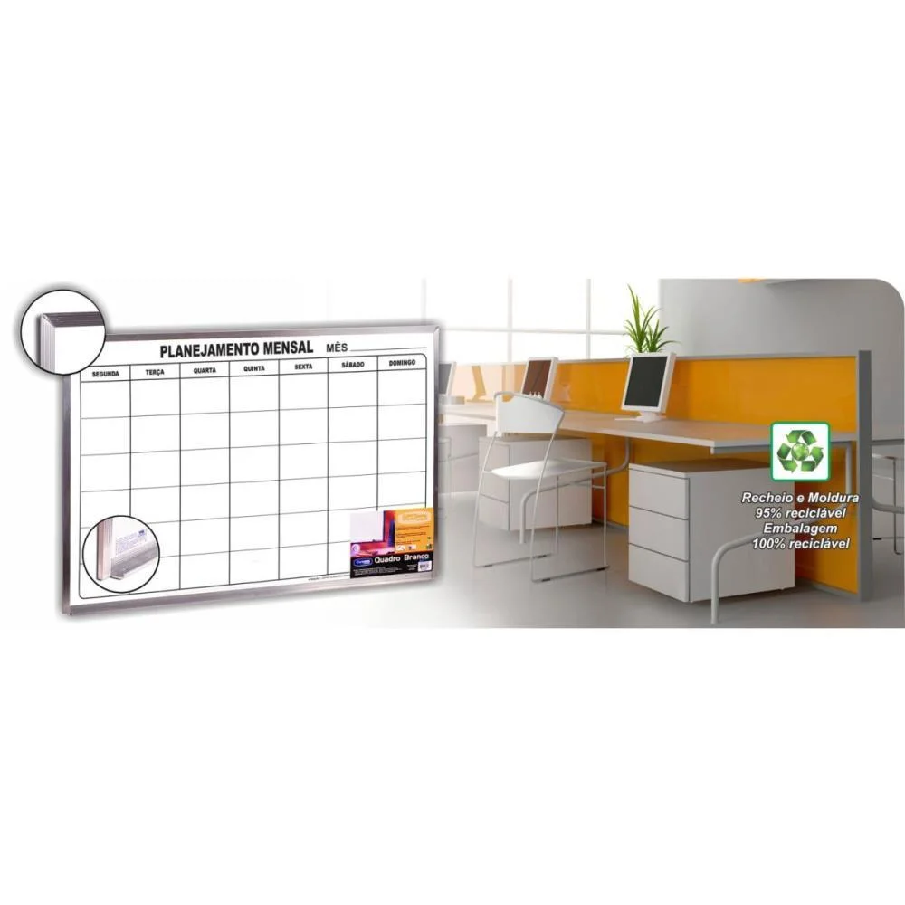 Quadro Branco Moldura Aluminio 090X060Cm Planejamento Mensal Cortiarte - imagem 4
