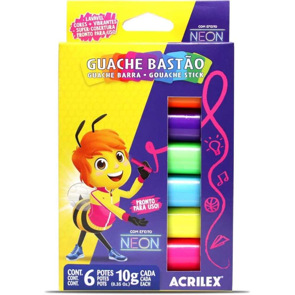 Tinta Guache Bastão Neon Com 06 Cores Acrilex (Estojo) - imagem 3