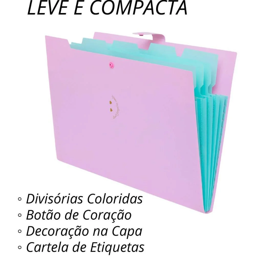 Pasta Sanfonada Plastica A4 5 Divisoes Rosa Pastel Polibras - imagem 4