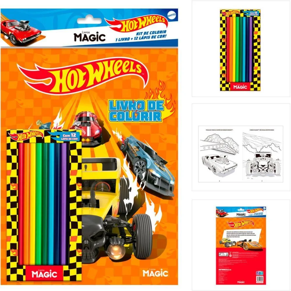 Livro Infantil Colorir Kit Lapis De Cor Hot Wheels Magic Kids - imagem 5