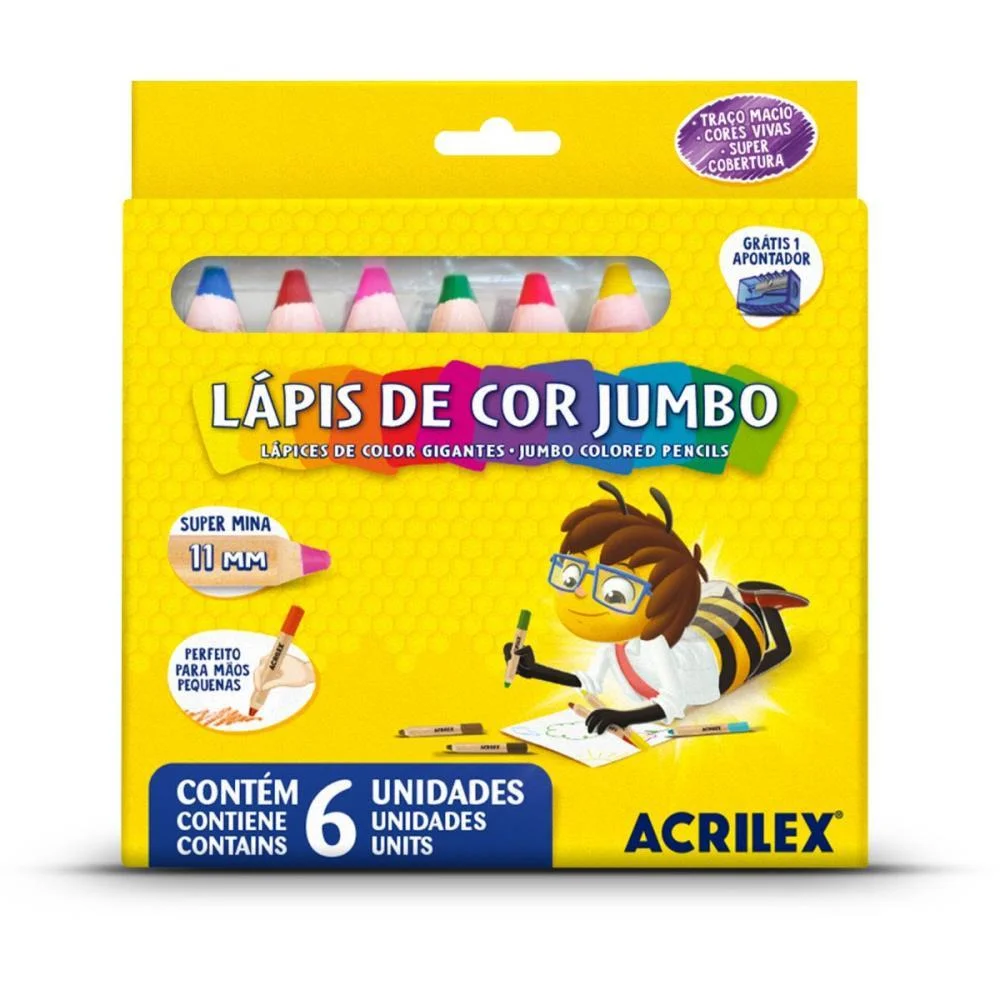 Lapis De Cor Jumbo 06 Cores C/Apontador Mina 11Mm Acrilex (Pct.c/06) - imagem 3