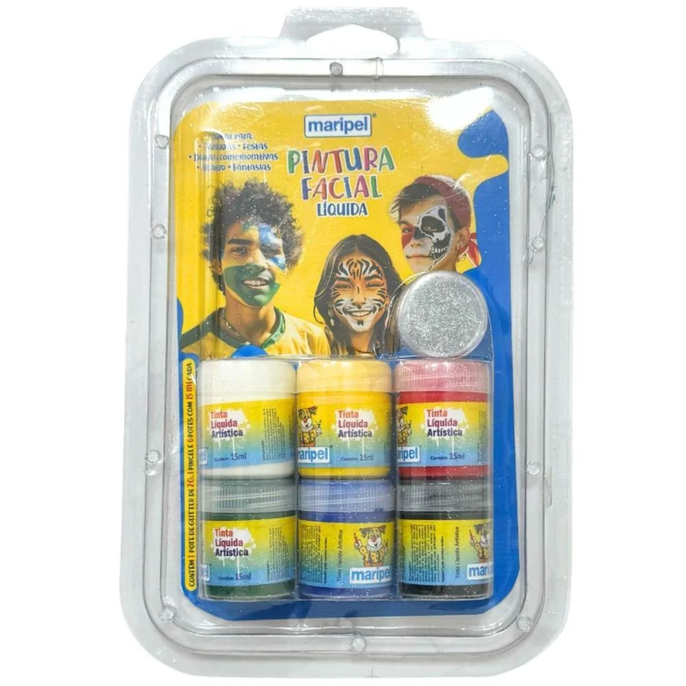 Pintura Facial Liquida 6 Cores+Pincel+Gliter Maripel (Kit) - imagem 3