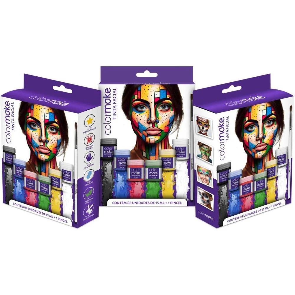 Pintura Facial Liquida 15Ml. 6Cores+Pincel Colormake (Kit) - imagem 2
