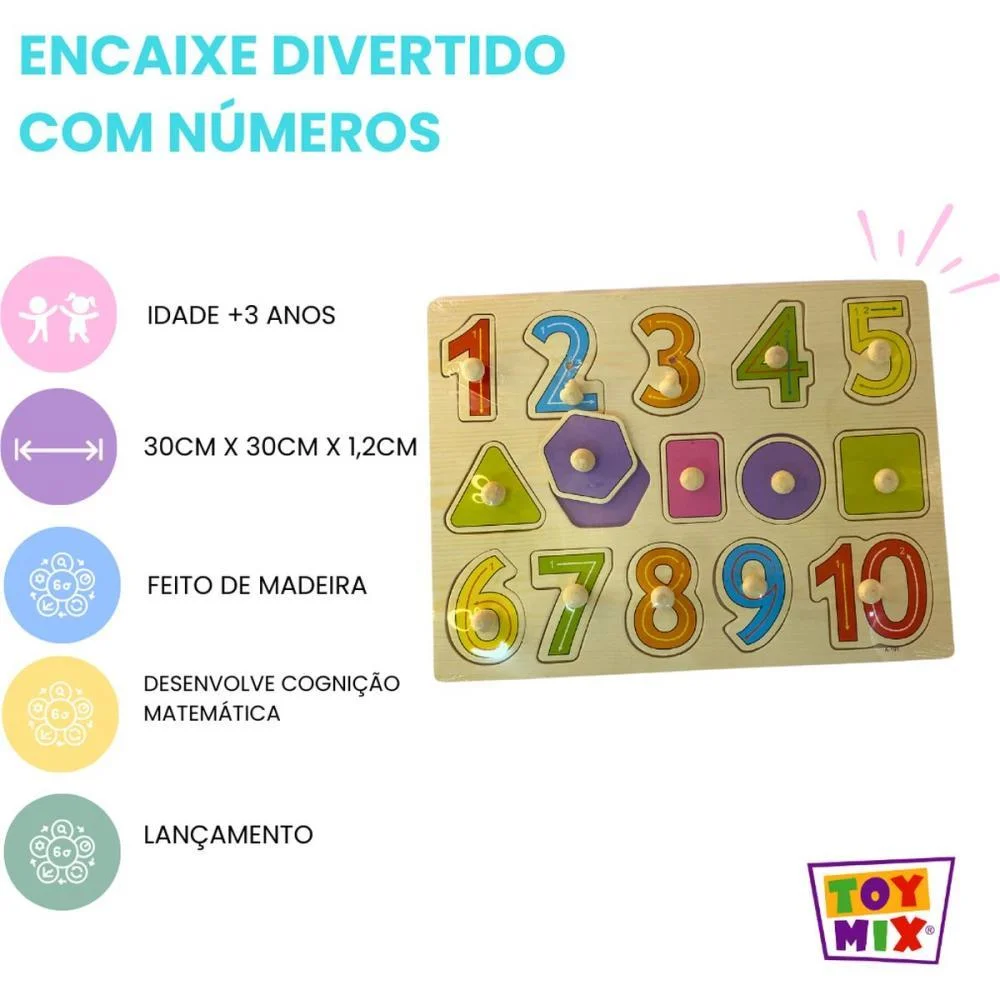 Brinquedo Pedagogico Madeira Encaixe Divertido Numeros Toy Mix - imagem 4