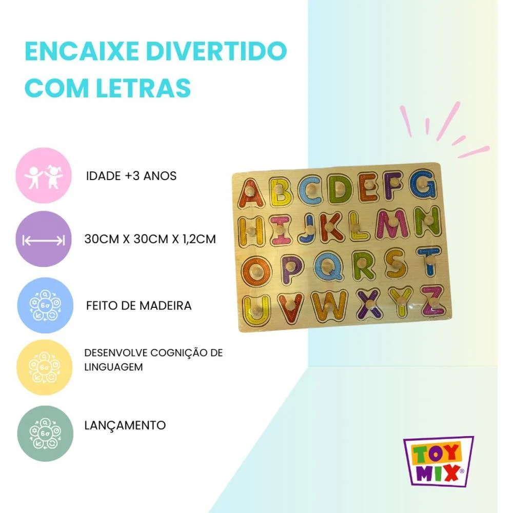 Brinquedo Pedagogico Madeira Encaixe Divertido Letras Toy Mix - imagem 4