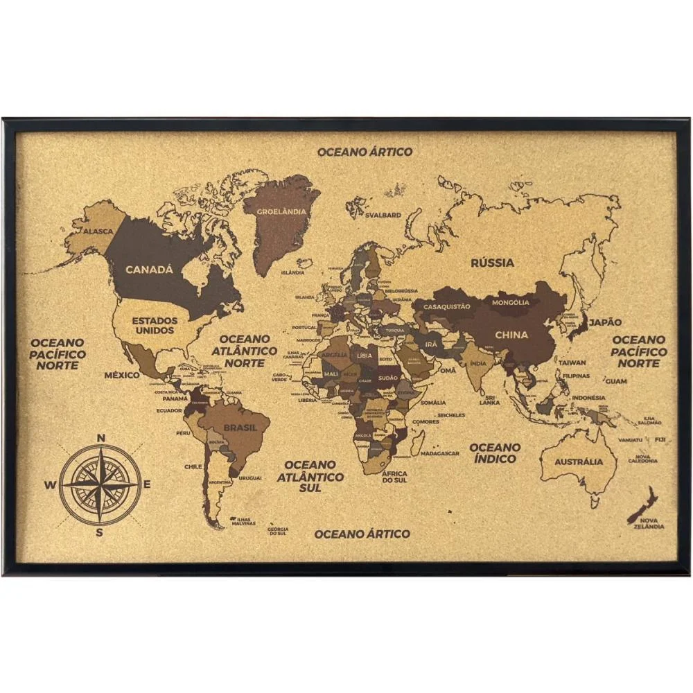 Quadro Decorativo Mapa Mundi Cortica 90X60Cm Stalo - imagem 4