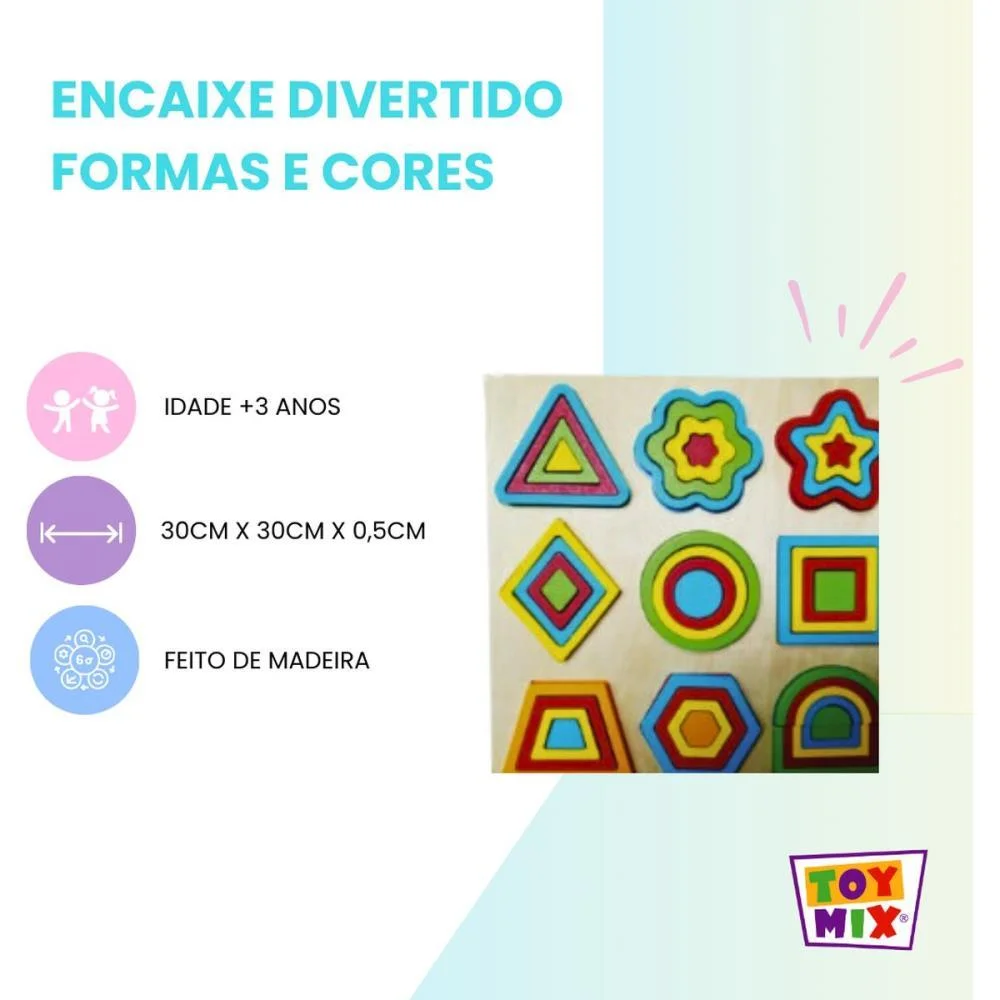 Brinquedo Pedagogico Madeira Encaixe Divertido Formas/Cores Toy Mix - imagem 4