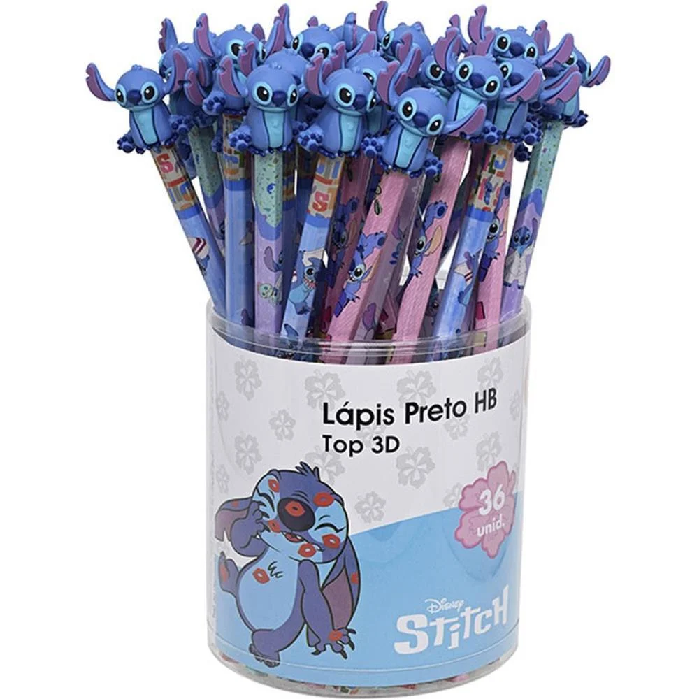 Lapis Preto Redondo Decorado Stitch Top 3D 4Modelos Molin (Pote-36) - imagem 4