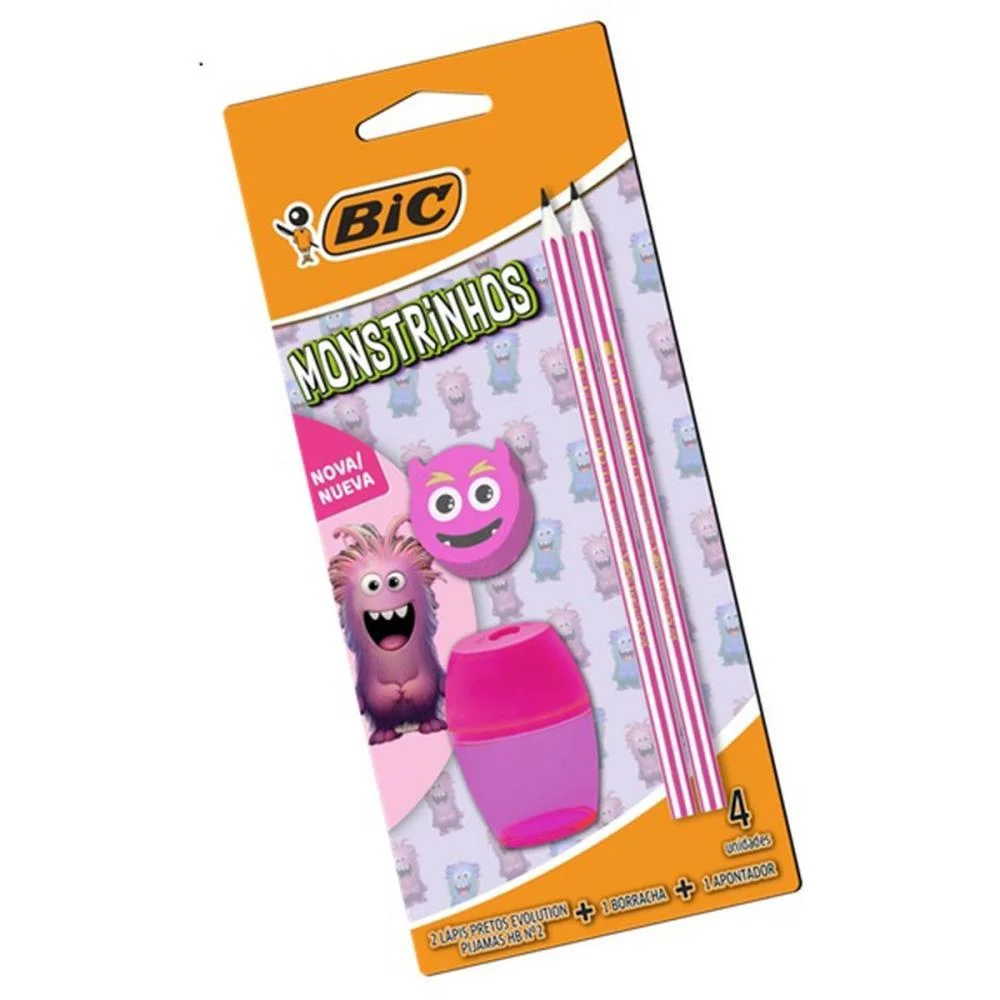 Kit Escolar Monstrinho Rosa Lap.+Borr+Apon Bic (Blister) - imagem 2