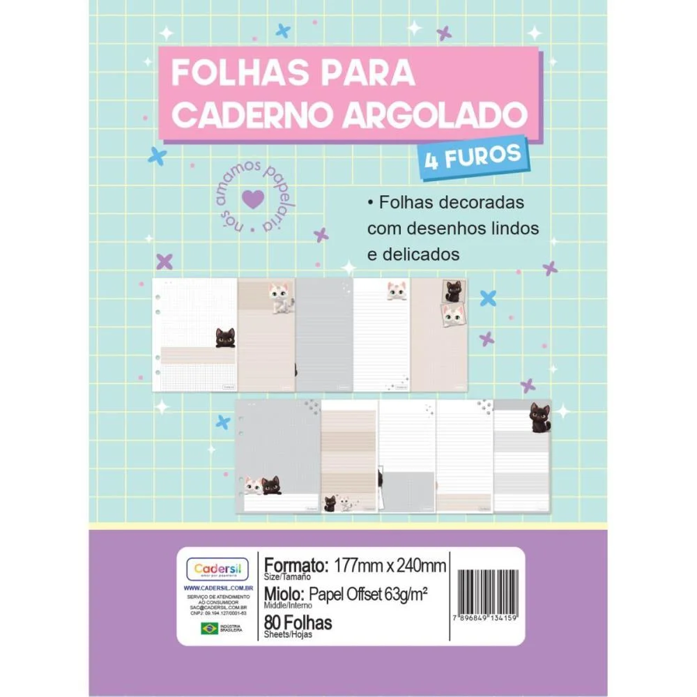 Refil Para Caderno Cute Cat P/Argolado 63G. 80Fls Cadersil - imagem 2