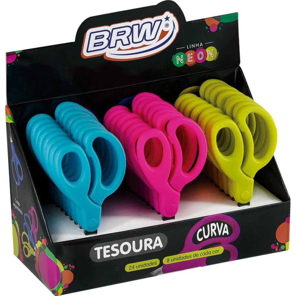 Tesoura Escolar Curva 13Cm 3 Cores Neon Brw C/ 24 Unidades - imagem 2