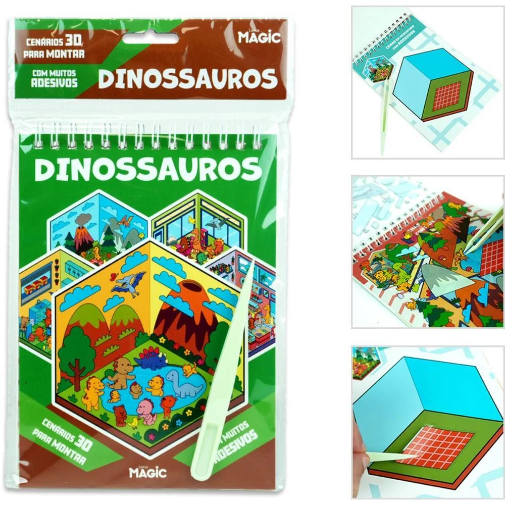 Livro Com Adesivos Cenario 3D Dinossauros 14X23Cm Magic Kids - imagem 2