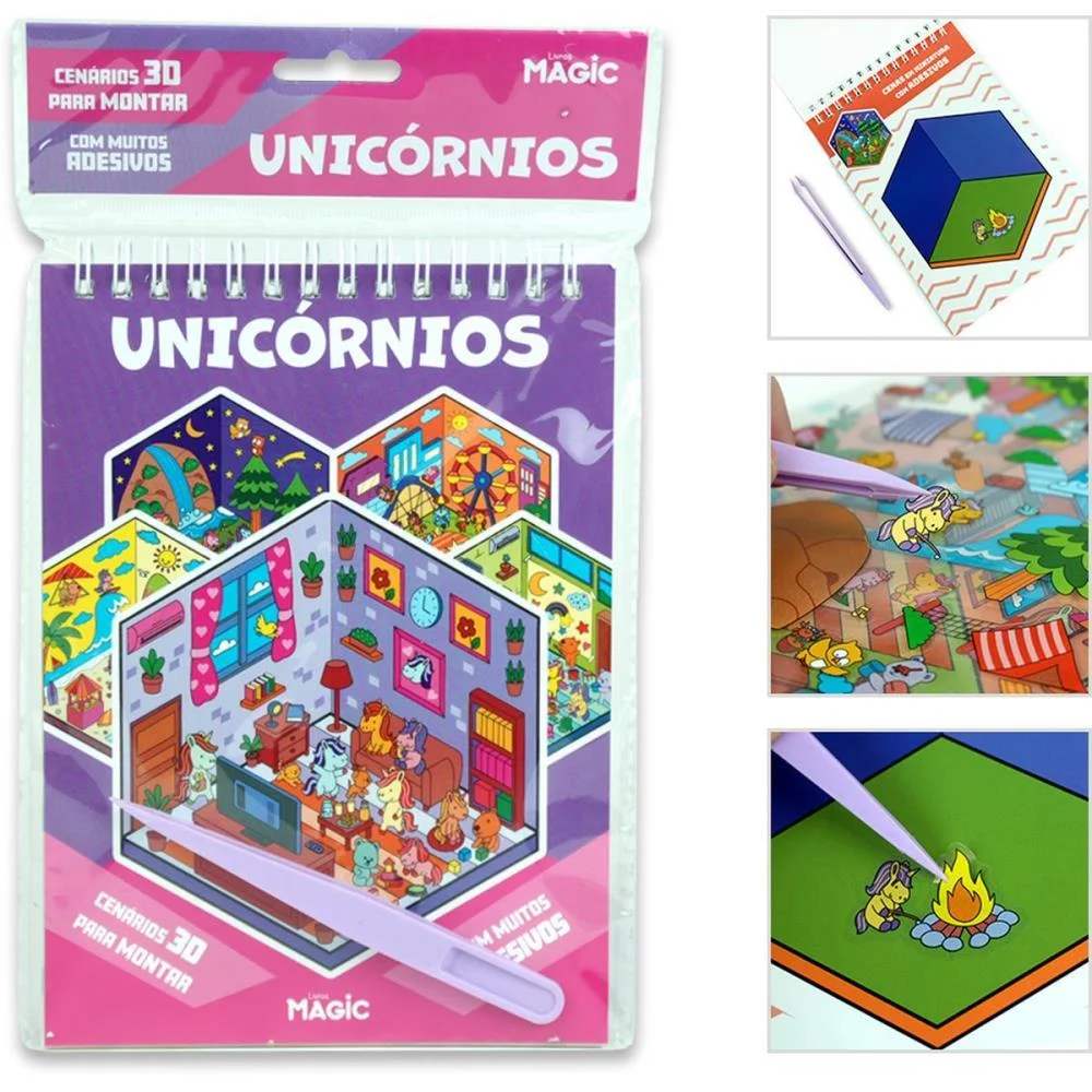Livro Com Adesivos Cenario 3D Unicornios 14X23Cm Magic Kids - imagem 2