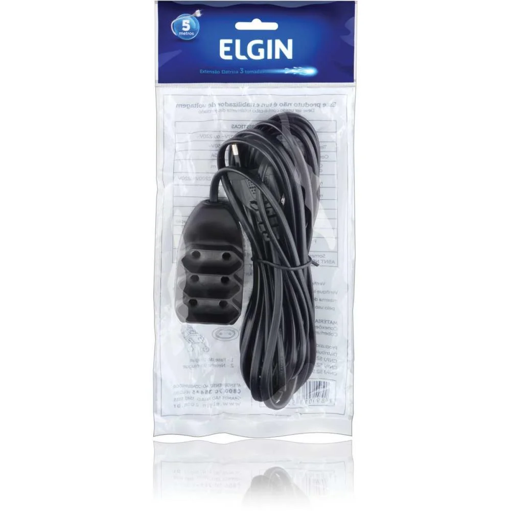 Extensao Eletrica Bipolar 3Entradas 5Mts. Preta Elgin - imagem 4