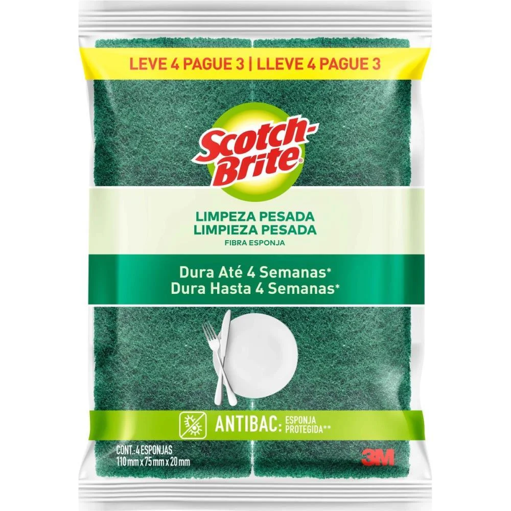 Esponja Para Limpeza Scotch Brite Cozinha-Verd/Amar 3M (Bl.c/04) - imagem 3
