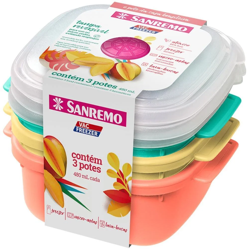 Pote Plastico Conj. 3 Potes Quadrado 480Ml. Sanremo (Kit) - imagem 3