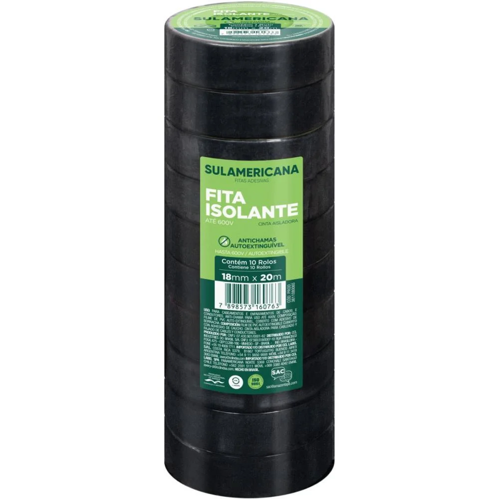 Fita Isolante 18Mmx20M. Anti Chama Sulamericana (Pct.c/10) - imagem 2