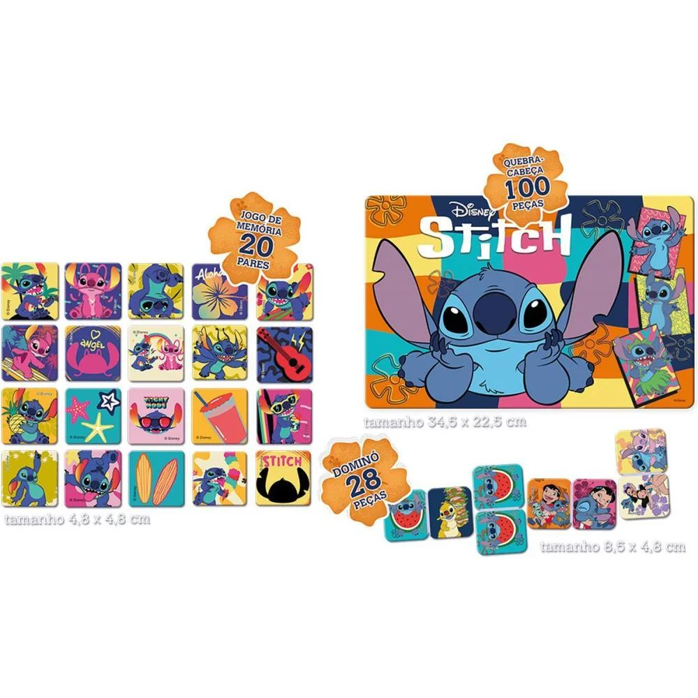 Quebra-Cabeca Cartonado Stitch 3Em1 Domino/Jg Memoria Toyster - imagem 4