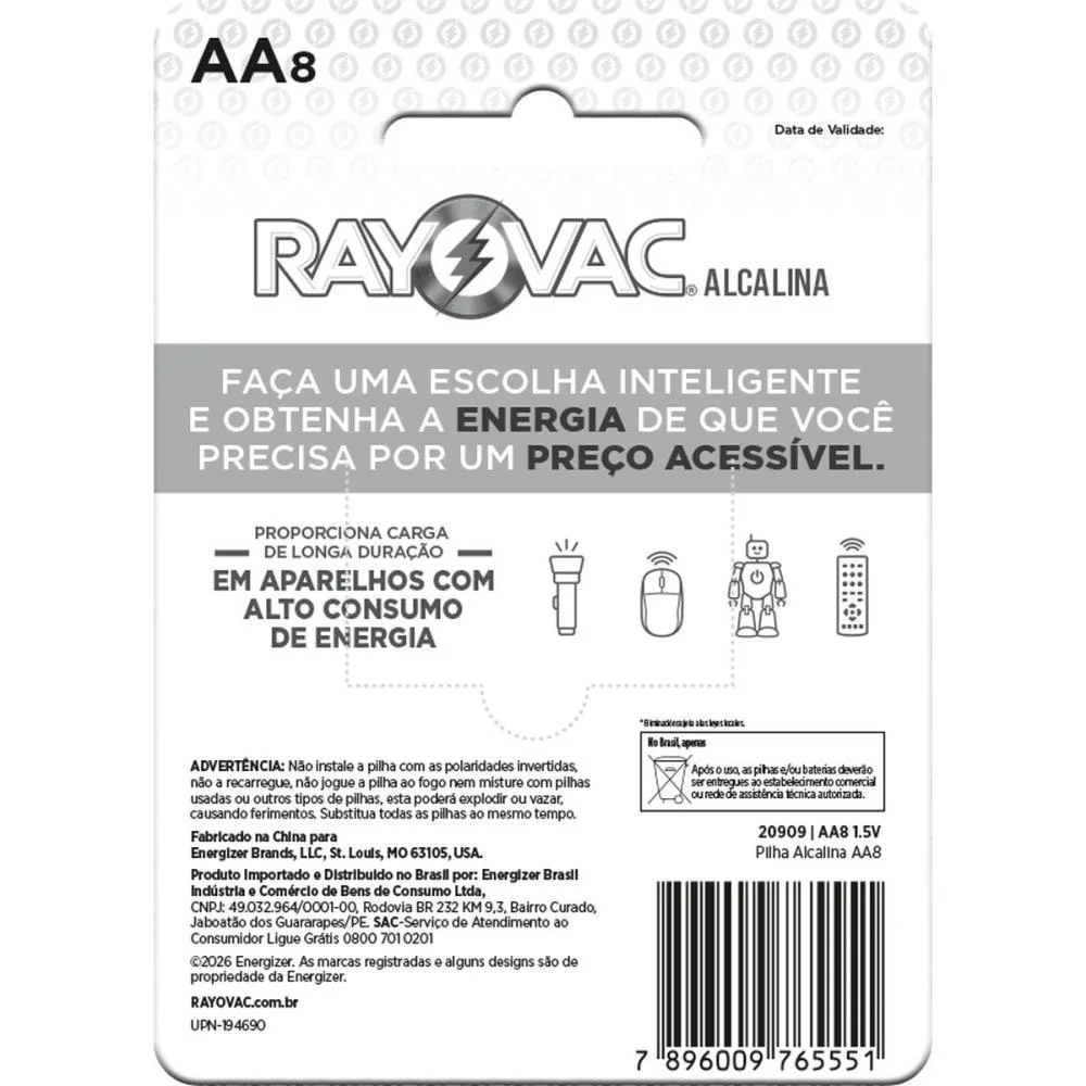 Pilha Alcalina Pequena Aa Leve+ Pague- Rayovac (Bl.c/08) - imagem 3
