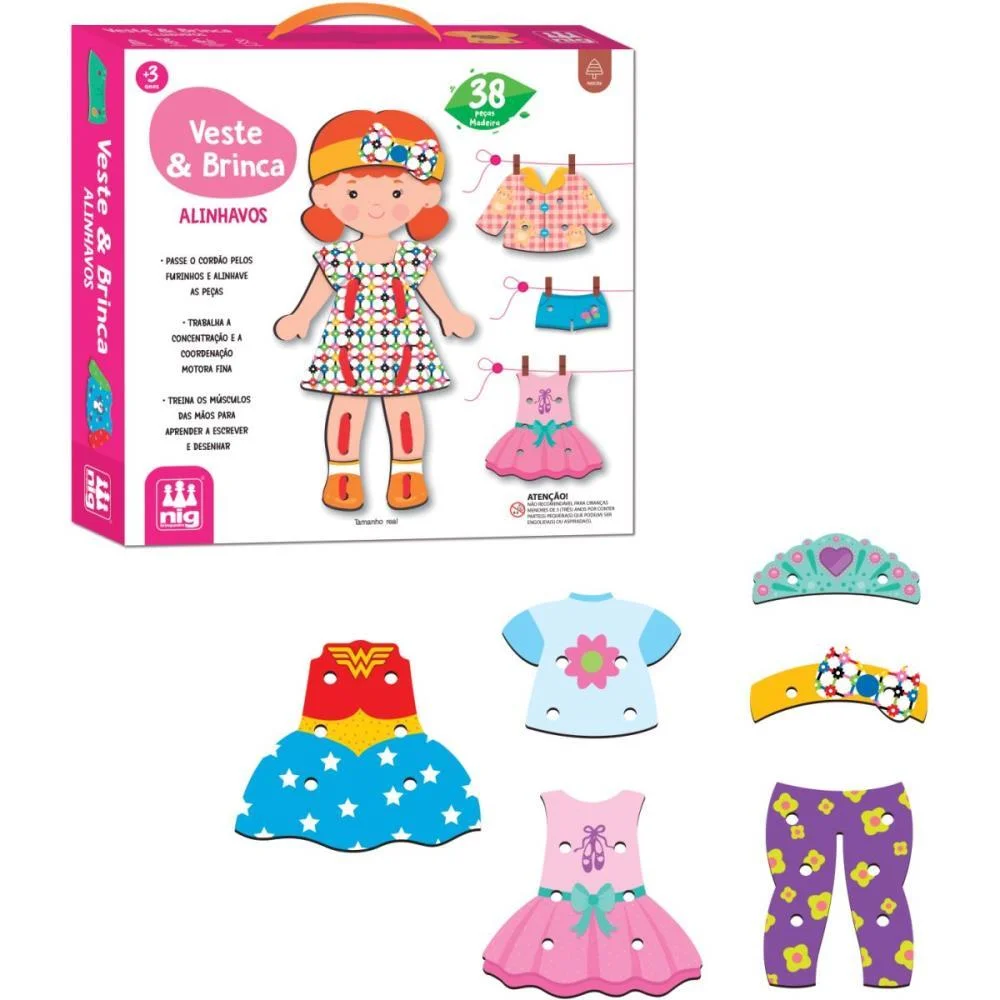 Brinquedo Educativo Alinhavo Veste E Brinca Madeir Nig Brinquedos - imagem 3