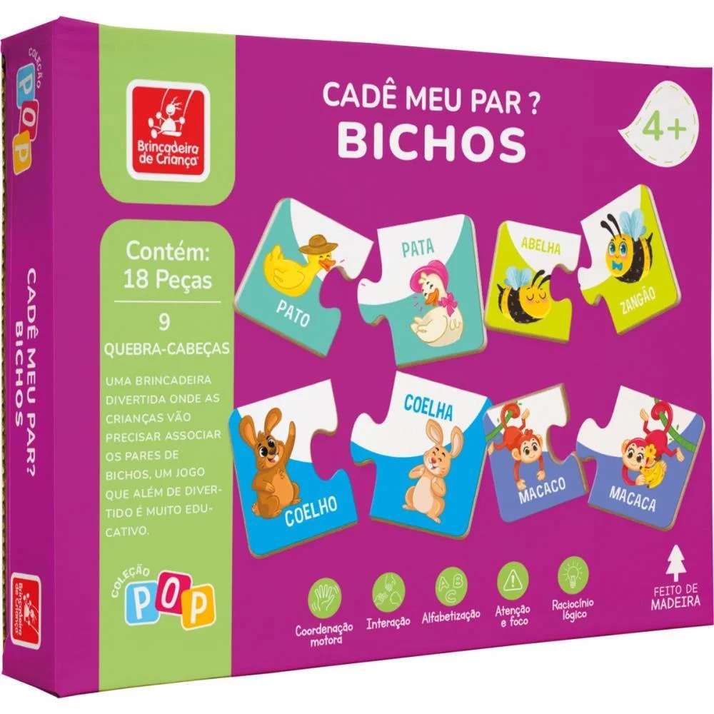 Quebra-Cabeca Madeira Cade Meu Par? Bichos 18Pcs Brinc. De Crianca - imagem 3