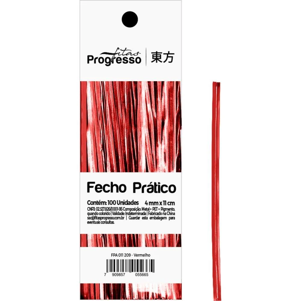 Fecho Metalico Vermelho 4Mmx11Cm. Fitas Progresso C/ 100 Unidades - imagem 2