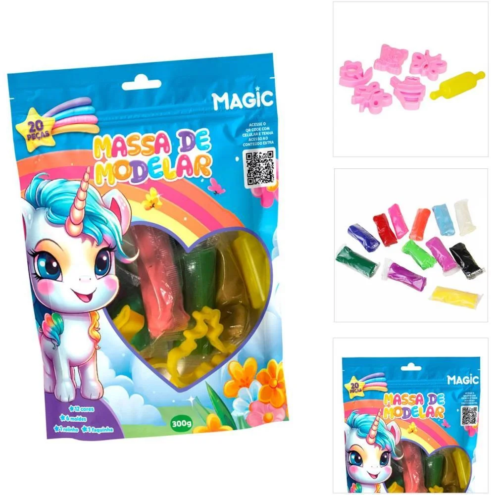 Massa Para Modelar Criativa Unicornio 300G 12Cores/6Moldes Magic Kids - imagem 3