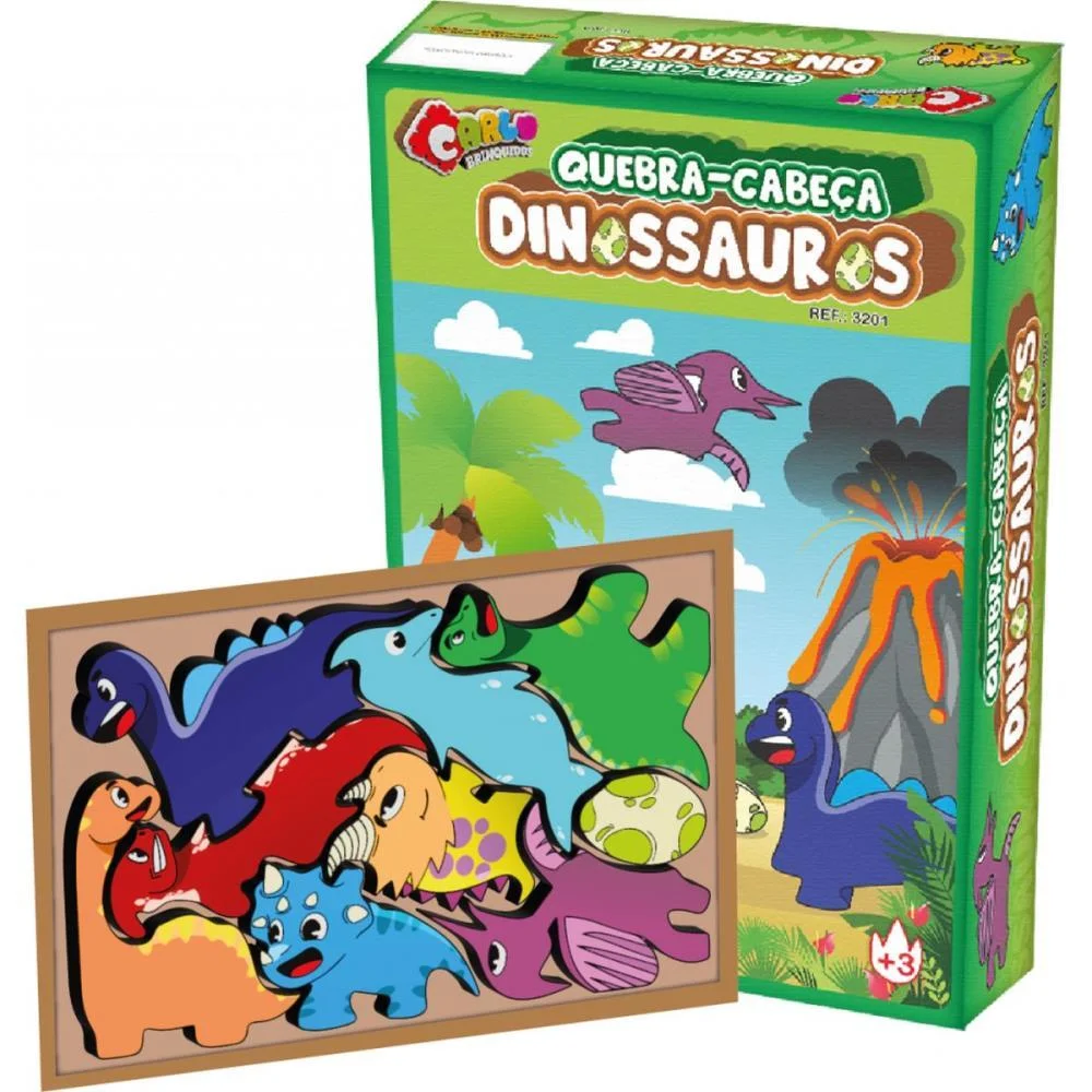 Quebra-Cabeca Madeira Encaixe Dinossauros 9Pecas Carlu - imagem 3