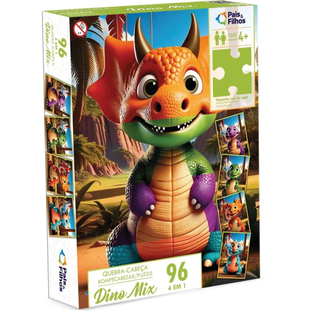Quebra-Cabeca Cartonado Dino Mix 96 Pecas Pais E Filhos - imagem 2