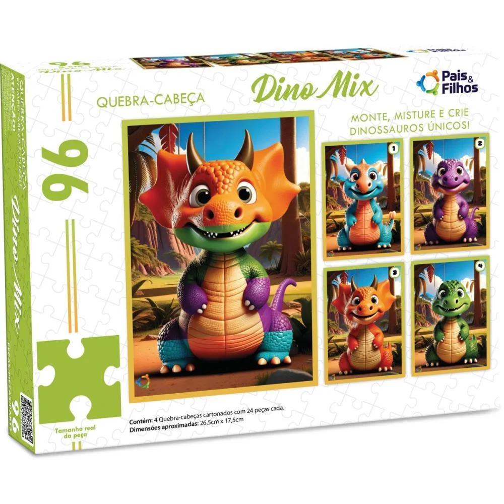 Quebra-Cabeca Cartonado Dino Mix 96 Pecas Pais E Filhos - imagem 3