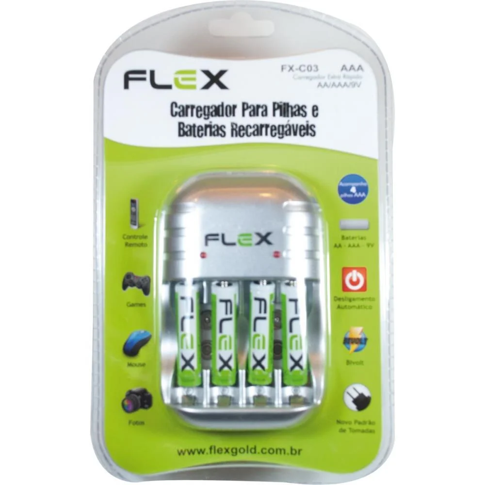 Carregador De Pilhas Bivolt P/ Pilhas Aa/Aaa/G 1100Mah Flex - imagem 3