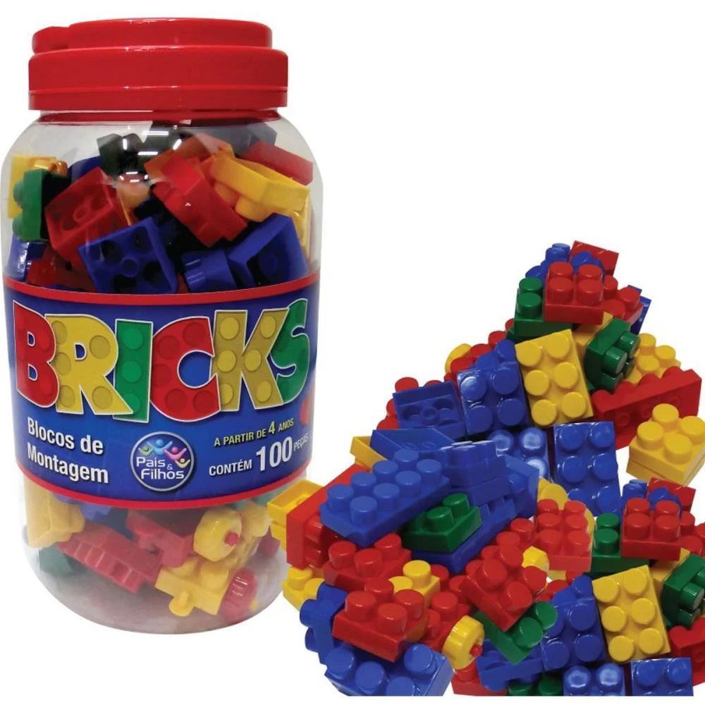 Brinquedo Para Montar Bricks Blocos Montagem 100Peca Pais E Filhos (Pote) - imagem 3
