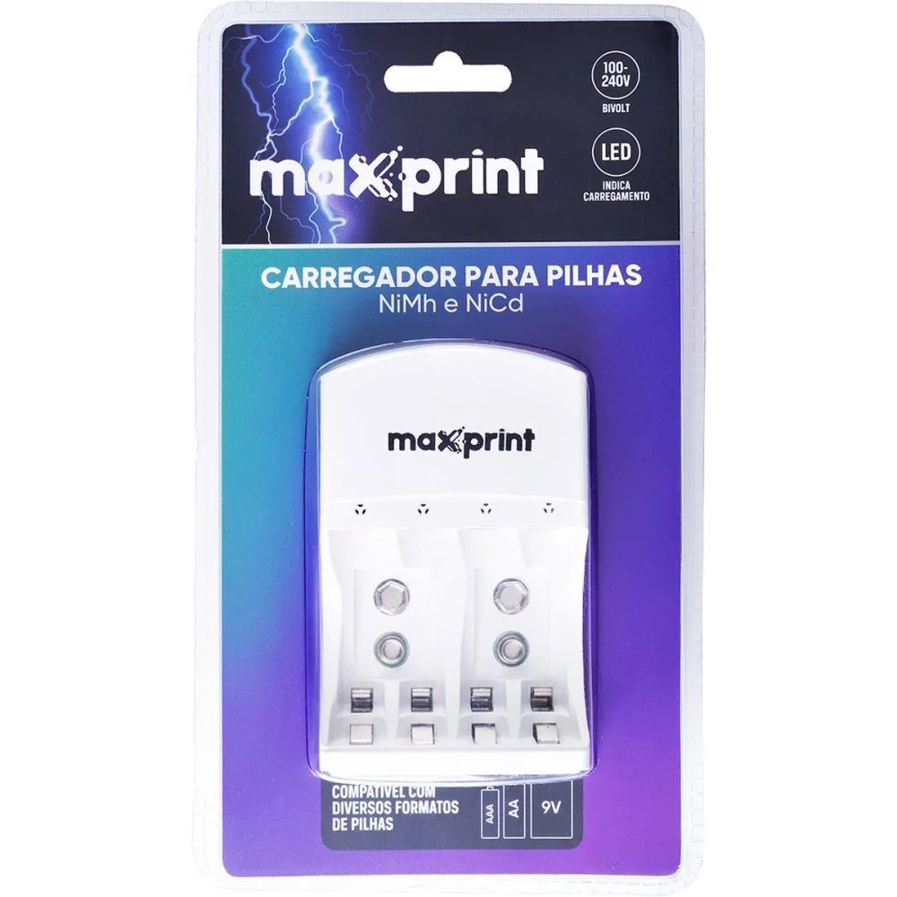 Carregador De Pilhas Bivolt P/Pilhas Aa Aaa E 9V Maxprint - imagem 4