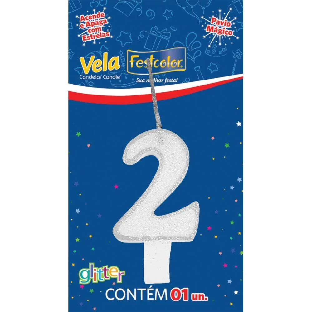 Vela Para Aniversario N.02 Branca Glitter Festcolor (Cx.c/10) - imagem 3