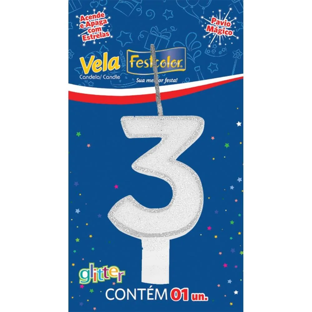 Vela Para Aniversario N.03 Branca Glitter Festcolor (Cx.c/10) - imagem 2