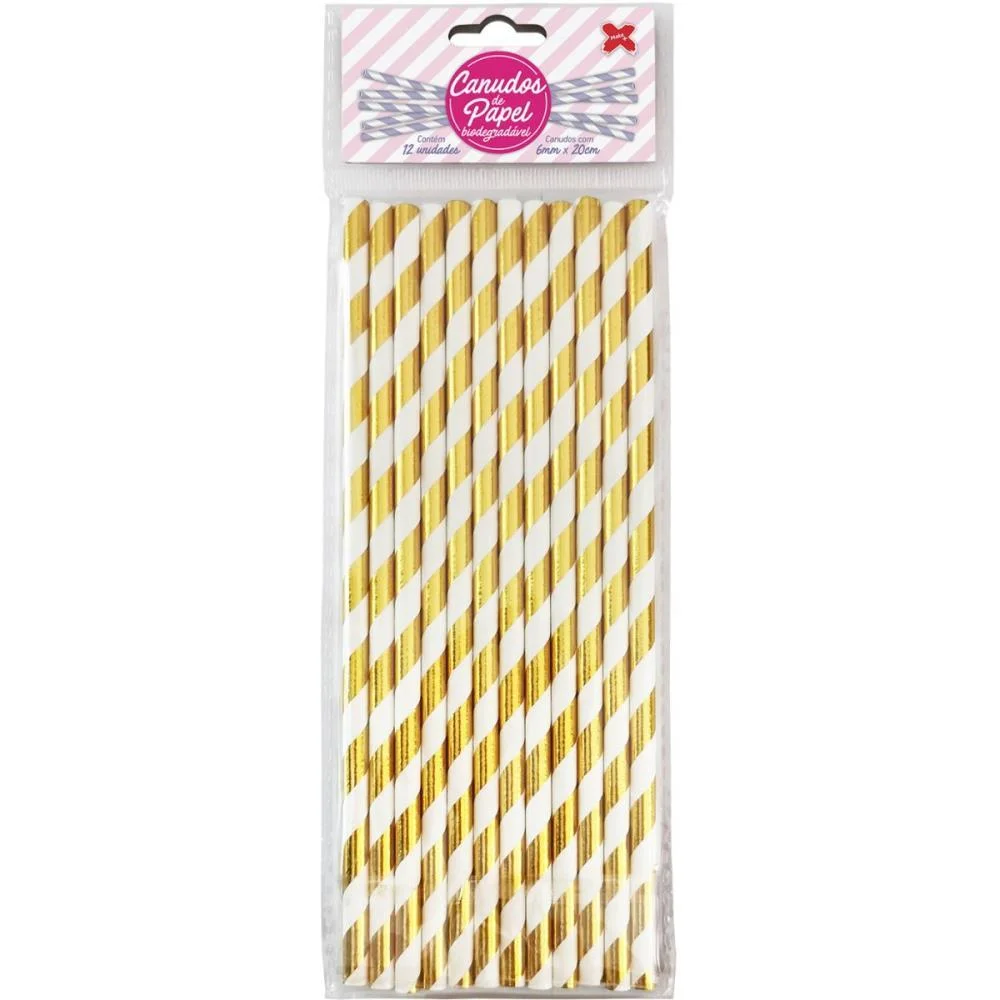 Canudo Biodegradavel Papel Listrado Dourado 6X200Mm C/12U Make+ (Pct.c/10) - imagem 3