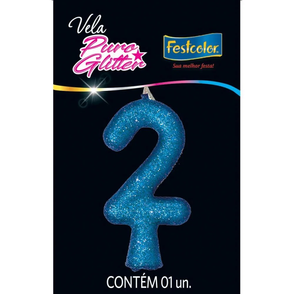 Vela Para Aniversario N.02 Azul Puro Glitter Festcolor (Cx.c/10) - imagem 3