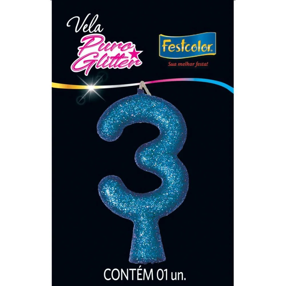 Vela Para Aniversario N.03 Azul Puro Glitter Festcolor (Cx.c/10) - imagem 2