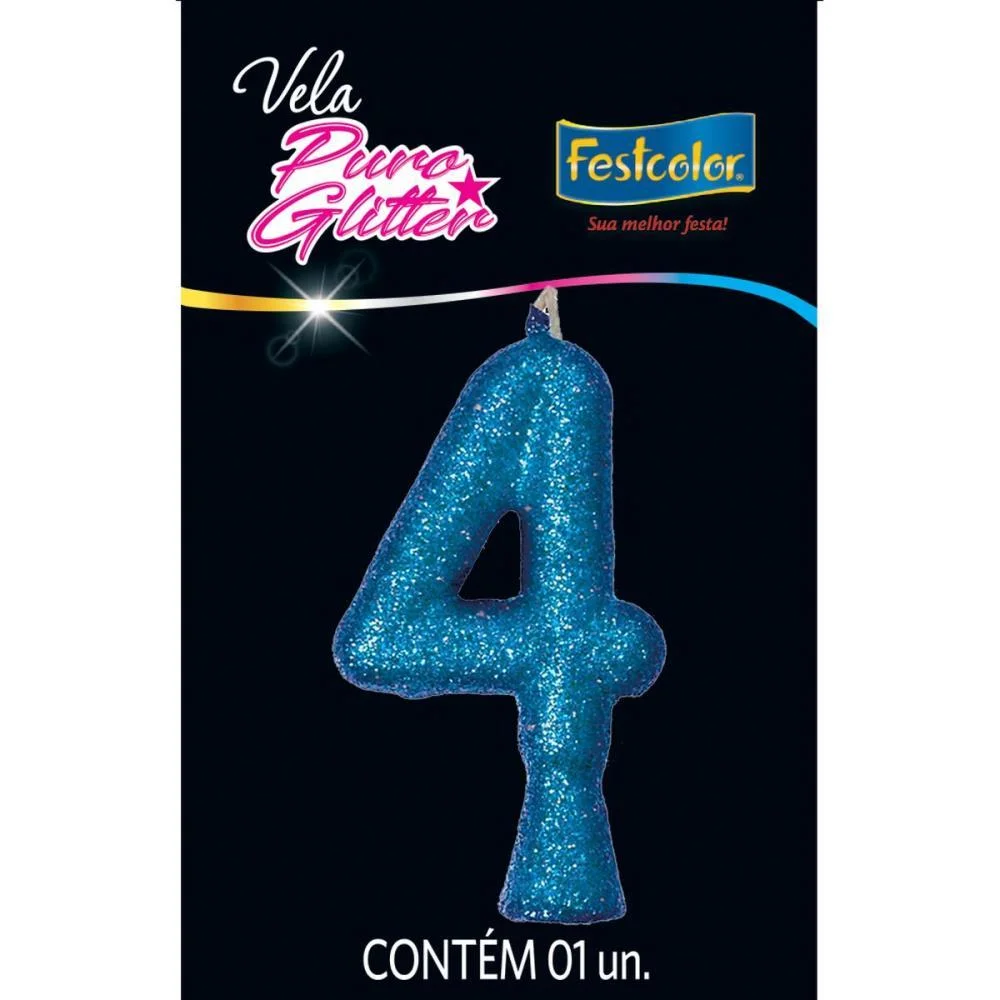 Vela Para Aniversario N.04 Azul Puro Glitter Festcolor (Cx.c/10) - imagem 3
